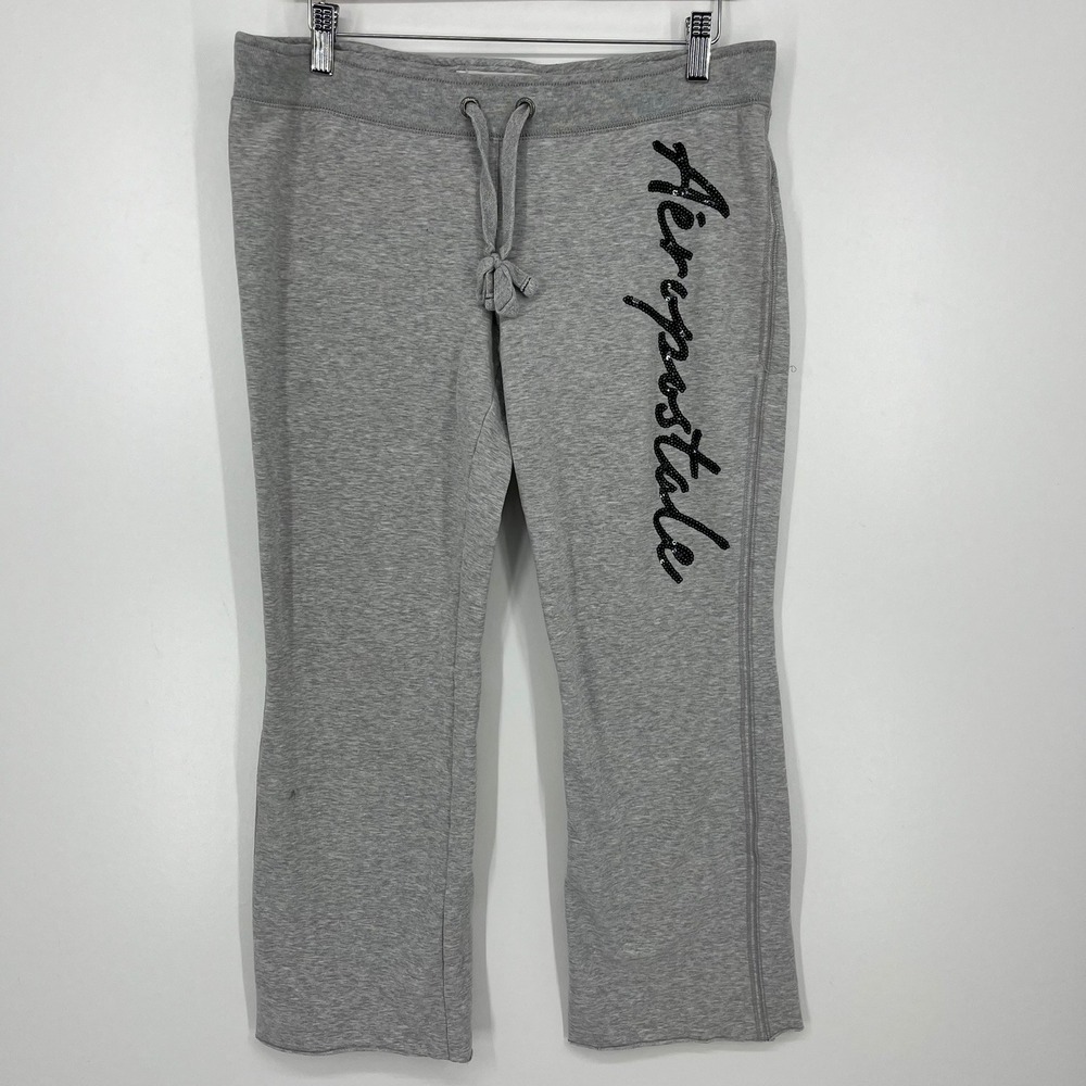 Aeropostale Womens Gray Sequin Logo Flare Sweatpants Joggers Size L